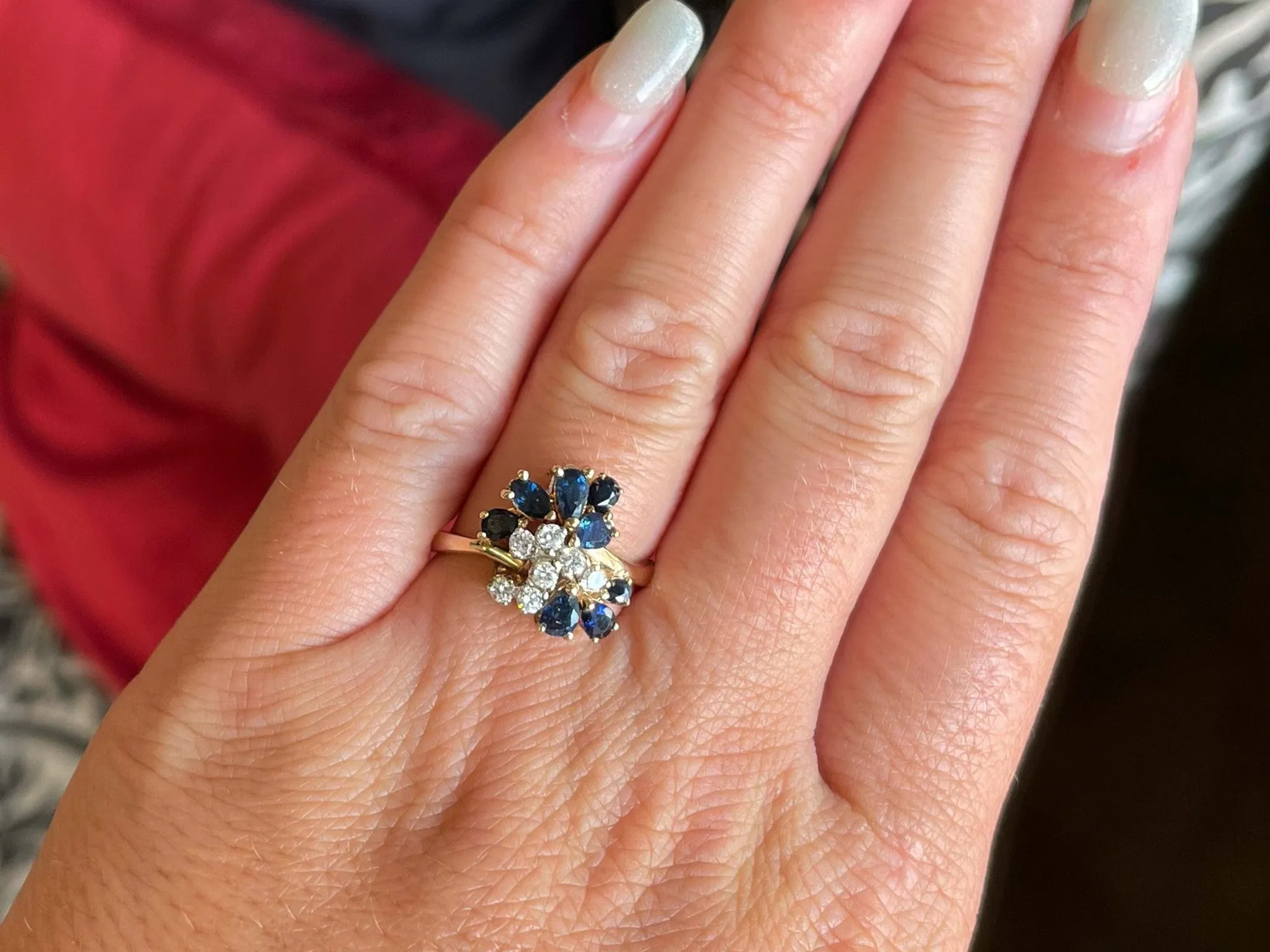 Pear Shaped Blue Sapphires and Diamond Ring in 14k Yellow Gold