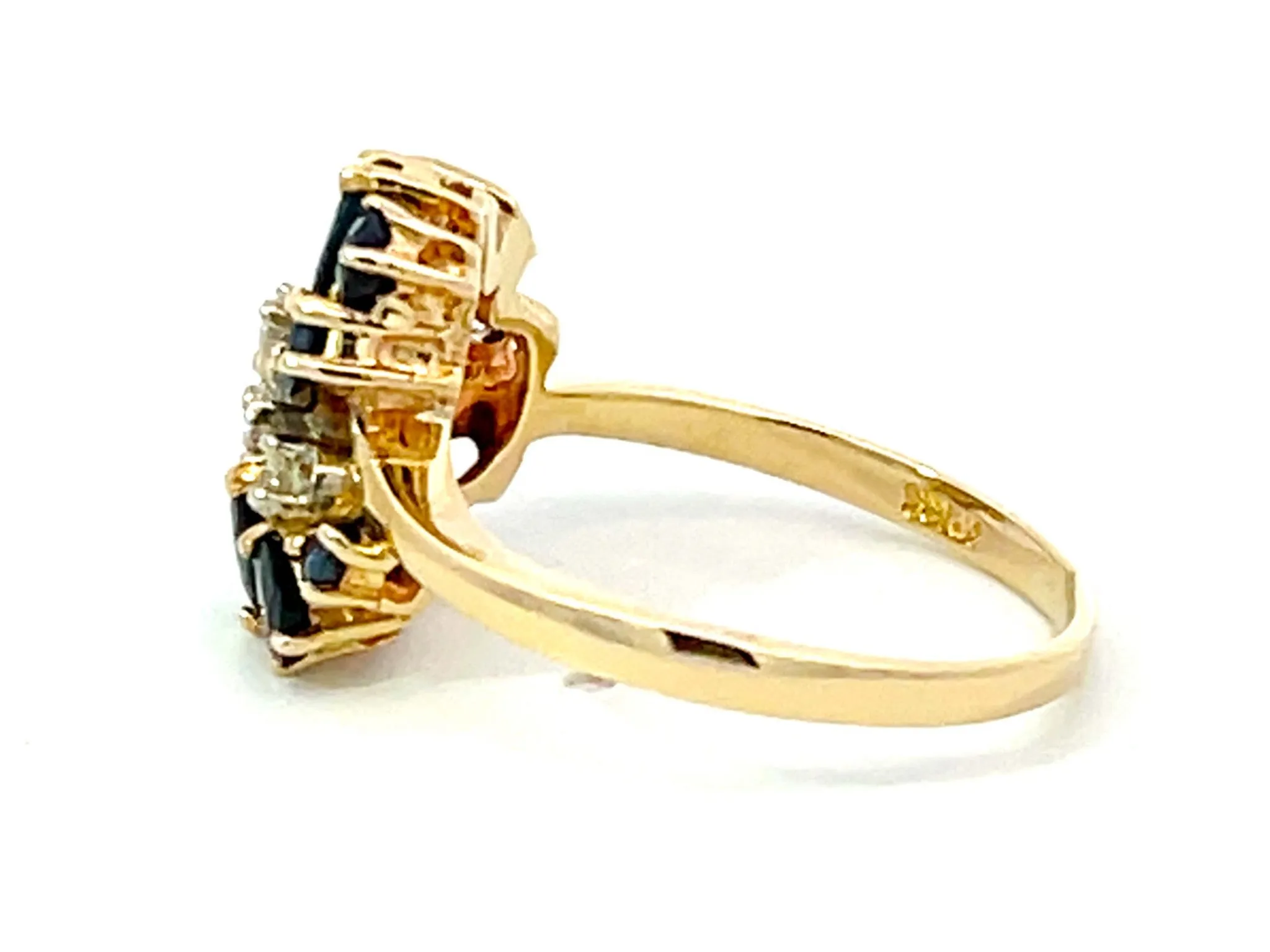 Pear Shaped Blue Sapphires and Diamond Ring in 14k Yellow Gold