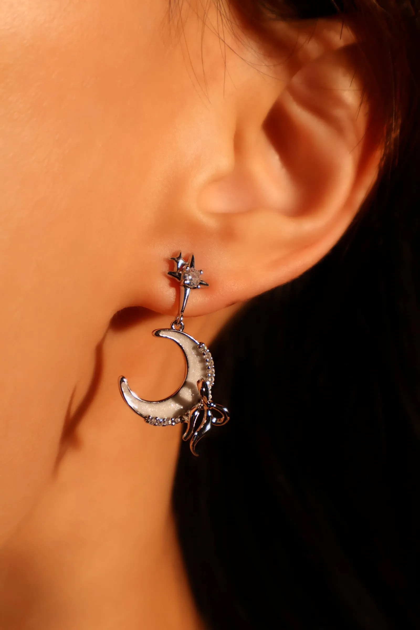 Platinum Plated Moon Star Bowknot Earrings