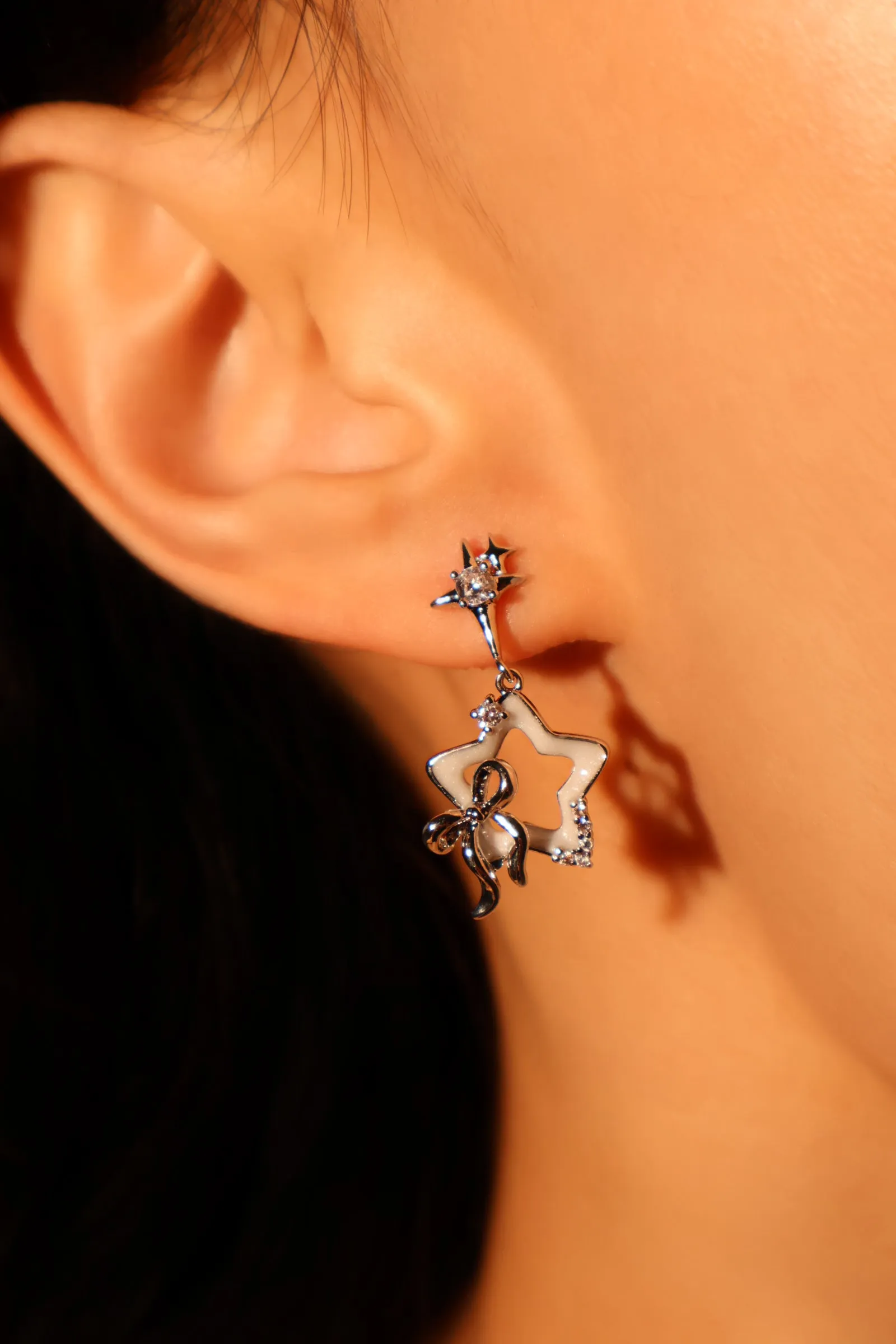 Platinum Plated Moon Star Bowknot Earrings