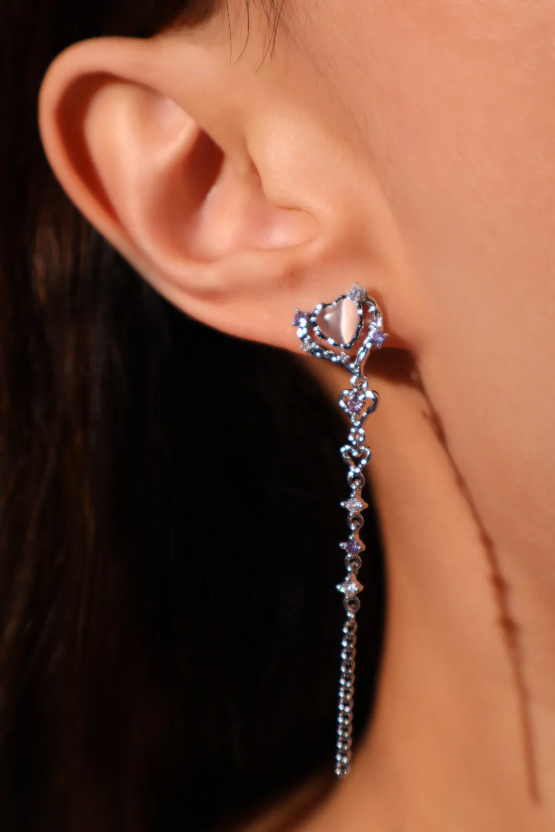 Platinum Plated Pink Opal Heart Dangle Earrings