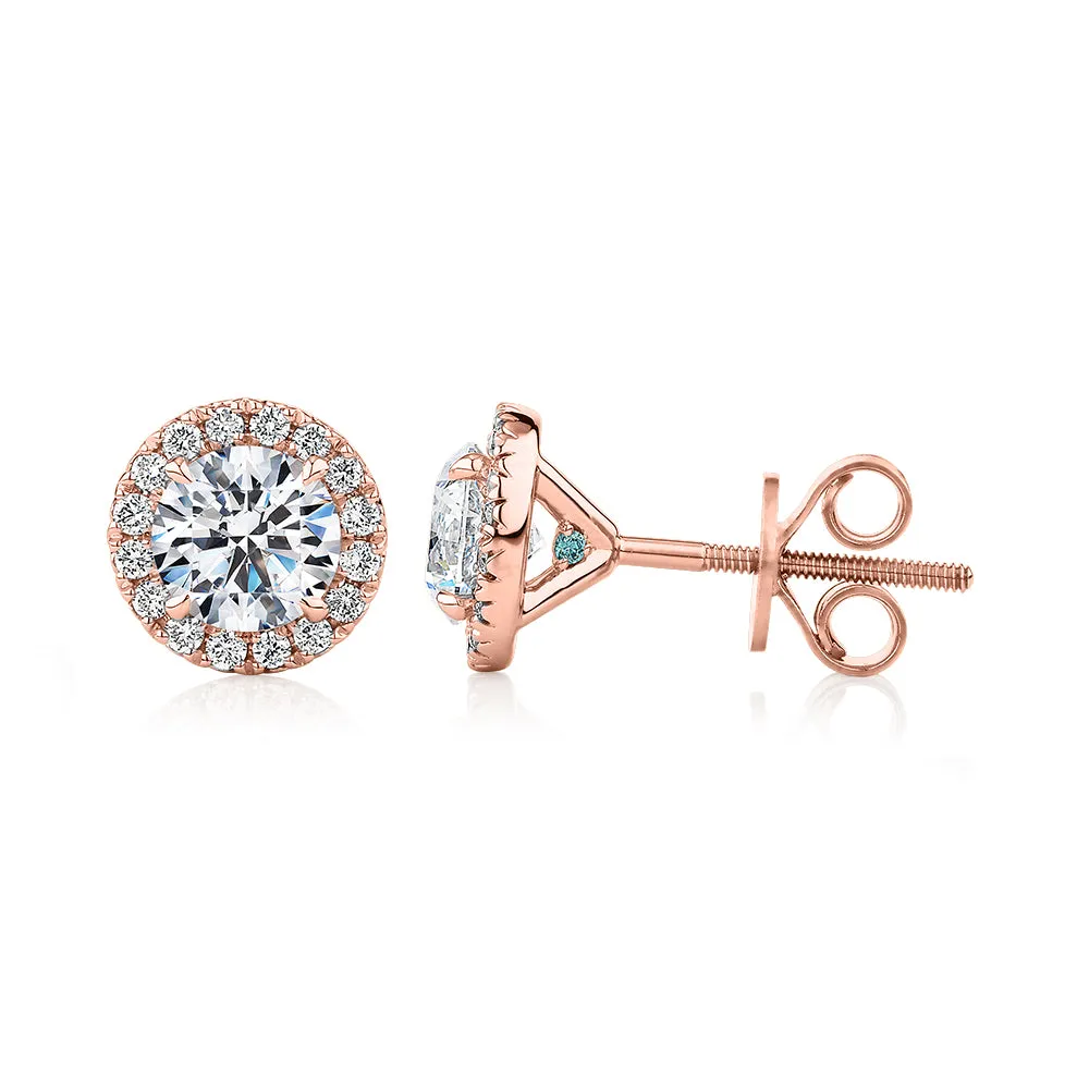 Premium Certified Lab-Grown Diamond, 1.67 carat TW round brilliant halo earrings in 18 carat rose gold
