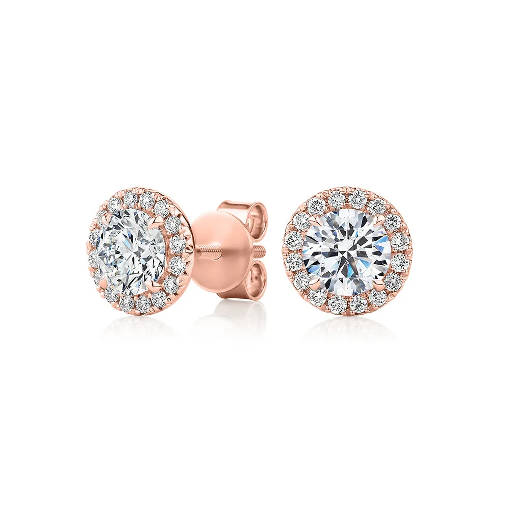 Premium Certified Lab-Grown Diamond, 1.67 carat TW round brilliant halo earrings in 18 carat rose gold