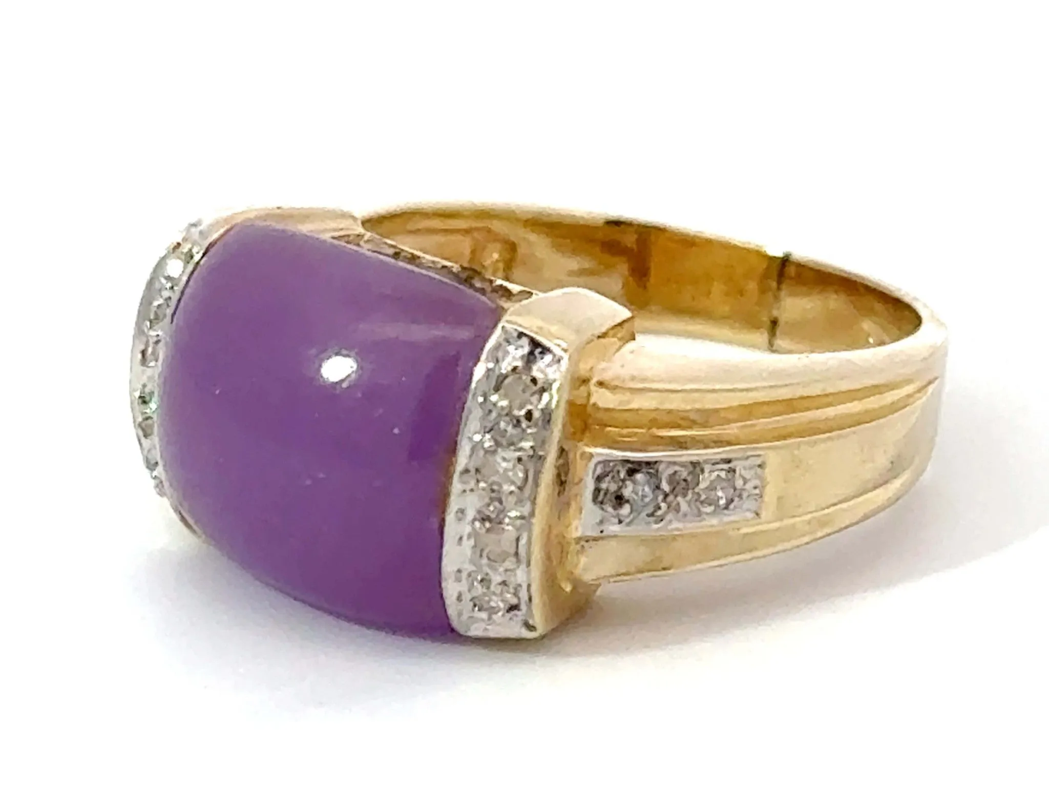 Purple Square Cabochon Jade and Diamond Ring 14k Yellow Gold