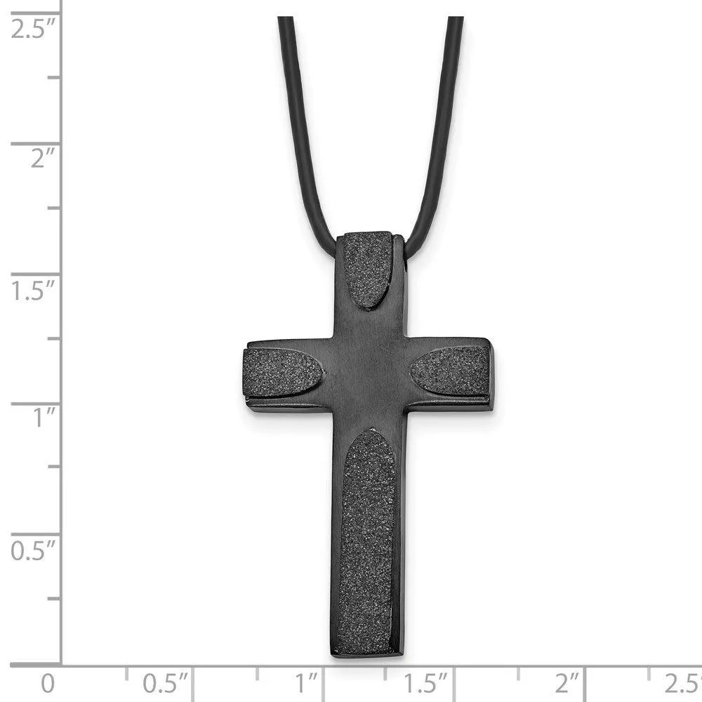 Stainless Steel Brushed LaserCut Blk IP Cross w/Leather Cord Necklace