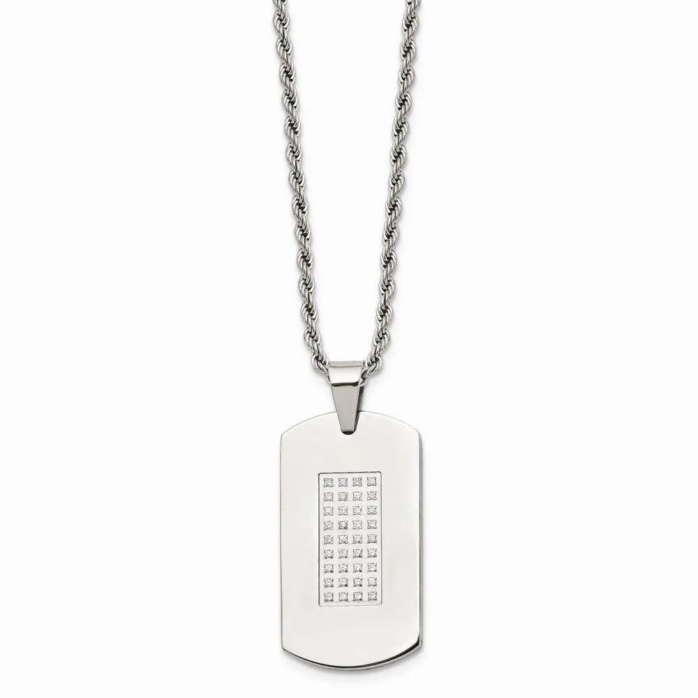 Stainless Steel Polished & CZs Dog Tag Necklace