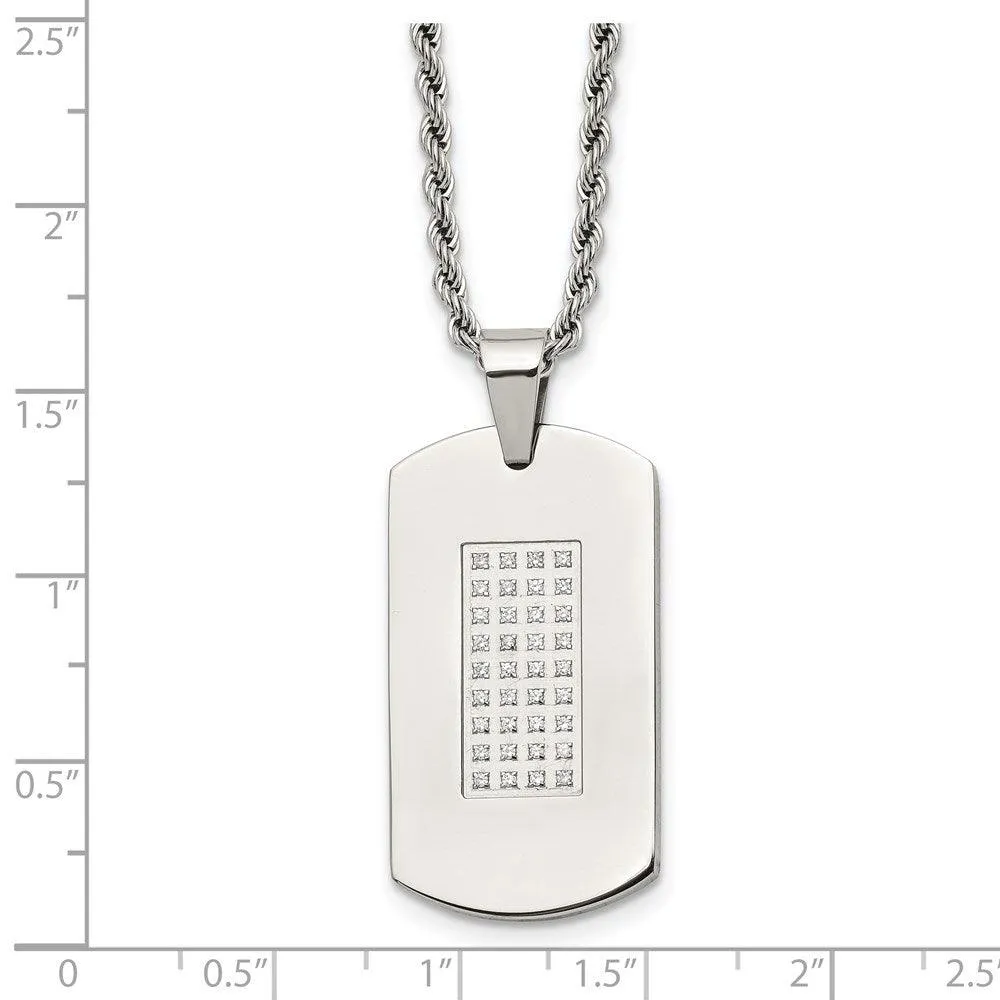 Stainless Steel Polished & CZs Dog Tag Necklace