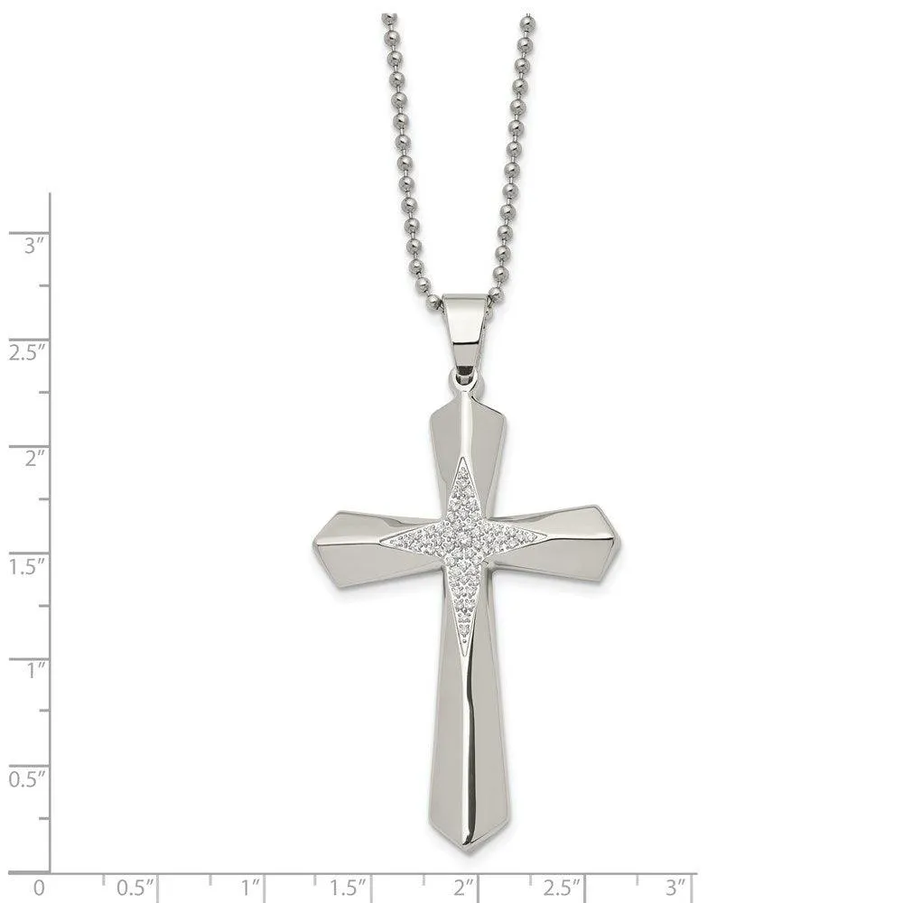 Stainless Steel Polished CZ Cross Necklace
