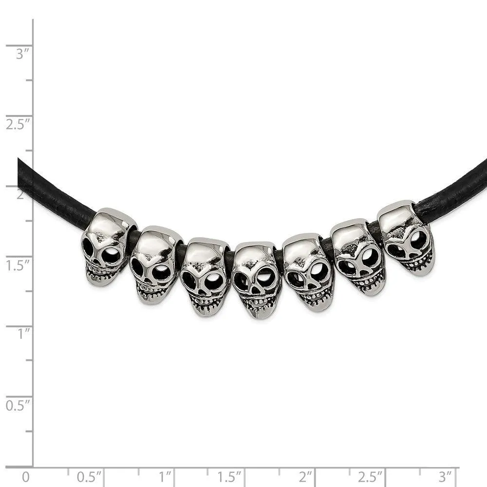 Stainless Steel Polished/Antiqued Skulls Black Leather Cord Necklace