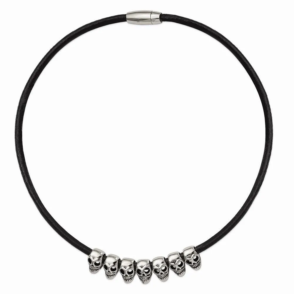 Stainless Steel Polished/Antiqued Skulls Black Leather Cord Necklace