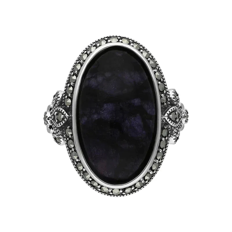 Sterling Silver Blue John Marcasite Frame Large Oval Ring