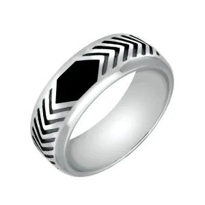 Sterling Silver Whitby Jet Chevron Patterned 8mm Band Ring