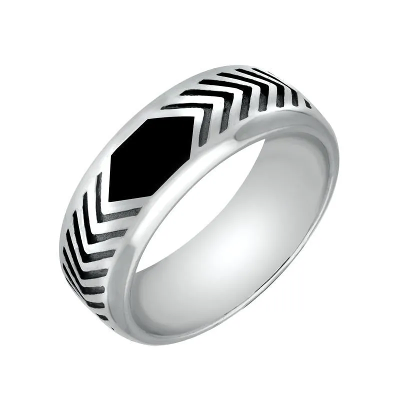 Sterling Silver Whitby Jet Chevron Patterned 8mm Band Ring