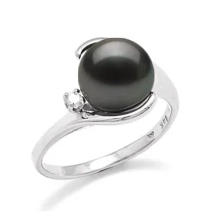Tahitian Black Pearl Ring in White Gold with Diamond - 9-10mm