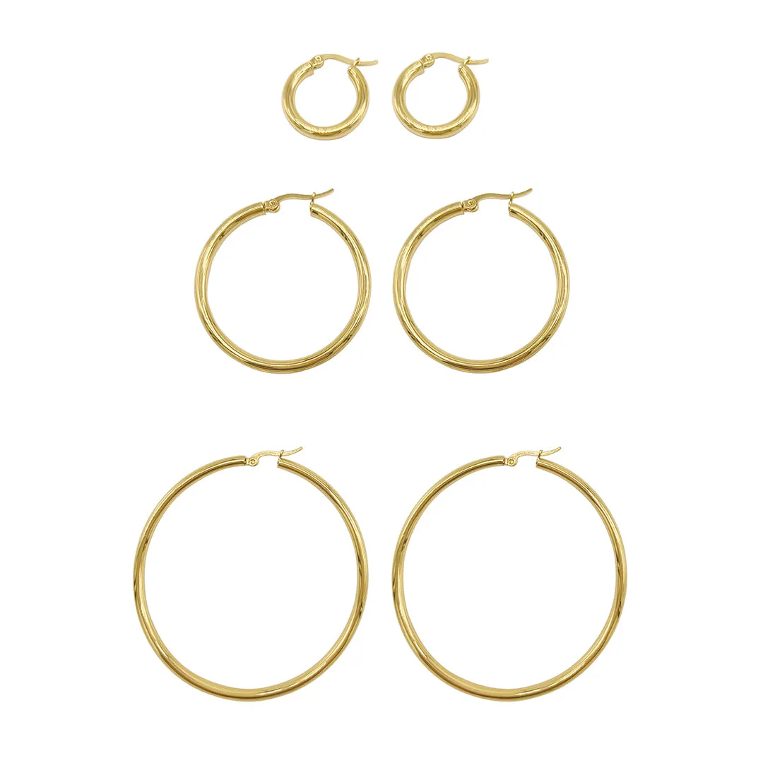Tarnish Resistant 14k Gold Plated Hoop Earring Set