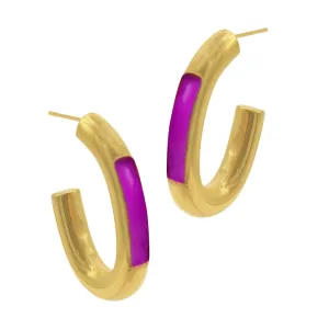 Tarnish Resistant 14k Gold Plated Oval Hoops with Purple Highlight