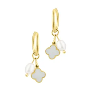 Tarnish Resistant 18k Gold Plated Freshwater Pearl Clover Hoop Earrings