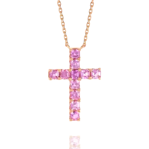 Thin Asscher Pink Sapphire Cross Pendant Rose Gold