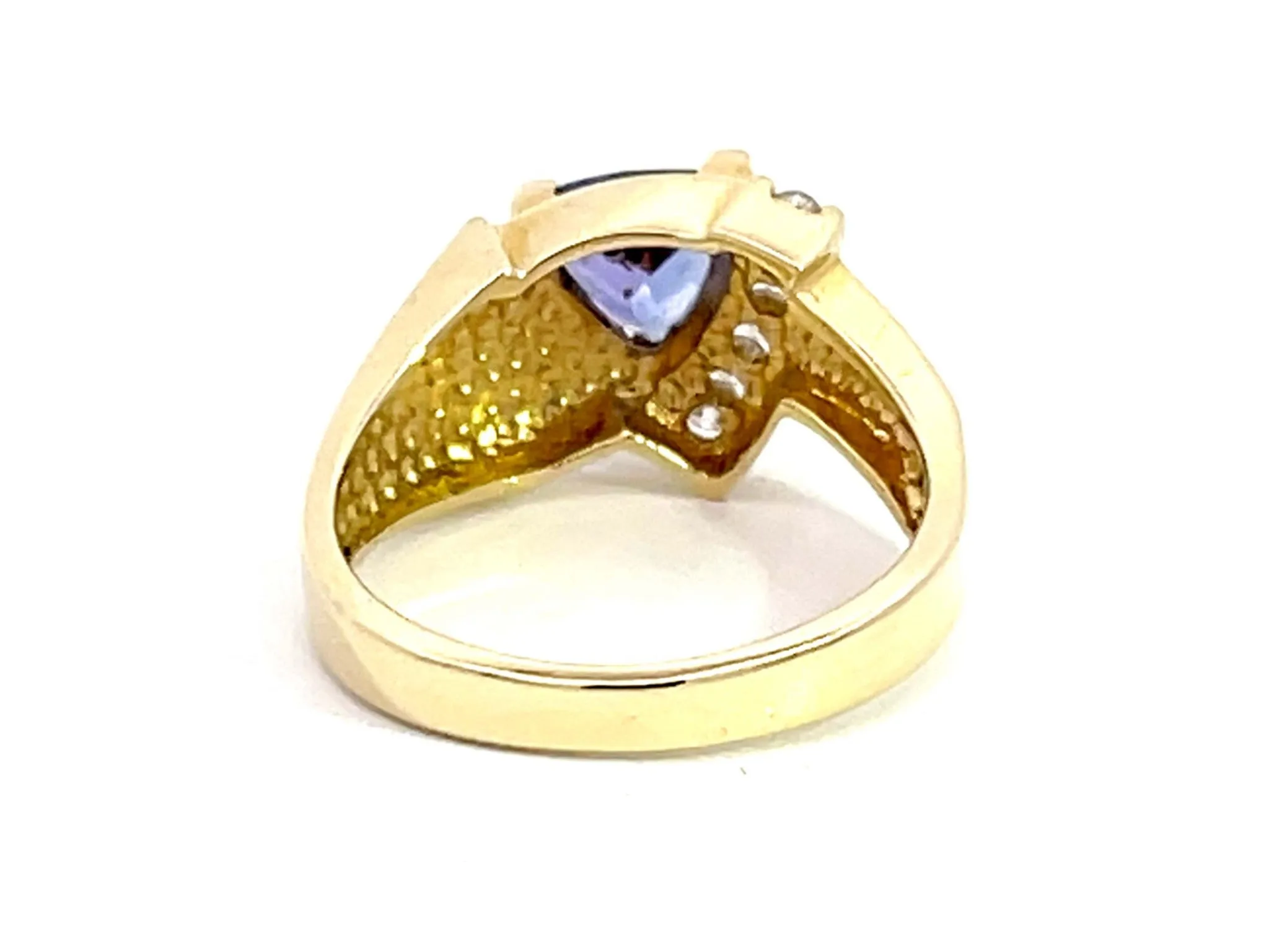 Trillion Blue Purple Tanzanite and 5 Diamond Ring in 14k Yellow Gold
