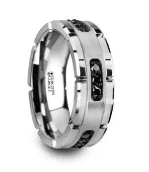 Tungsten ??Valor?? 8mm Silver Inlay With Black Diamonds Grooved Wedding Band