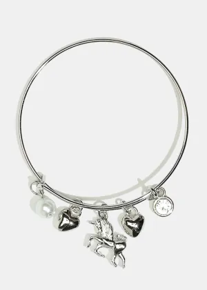 Unicorn & Heart Charm Bangle Bracelet