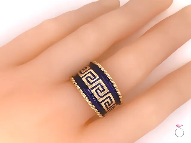 Vintage Designer MAZ Large Blue Enamel Cigar Ring in 14k Yellow Gold