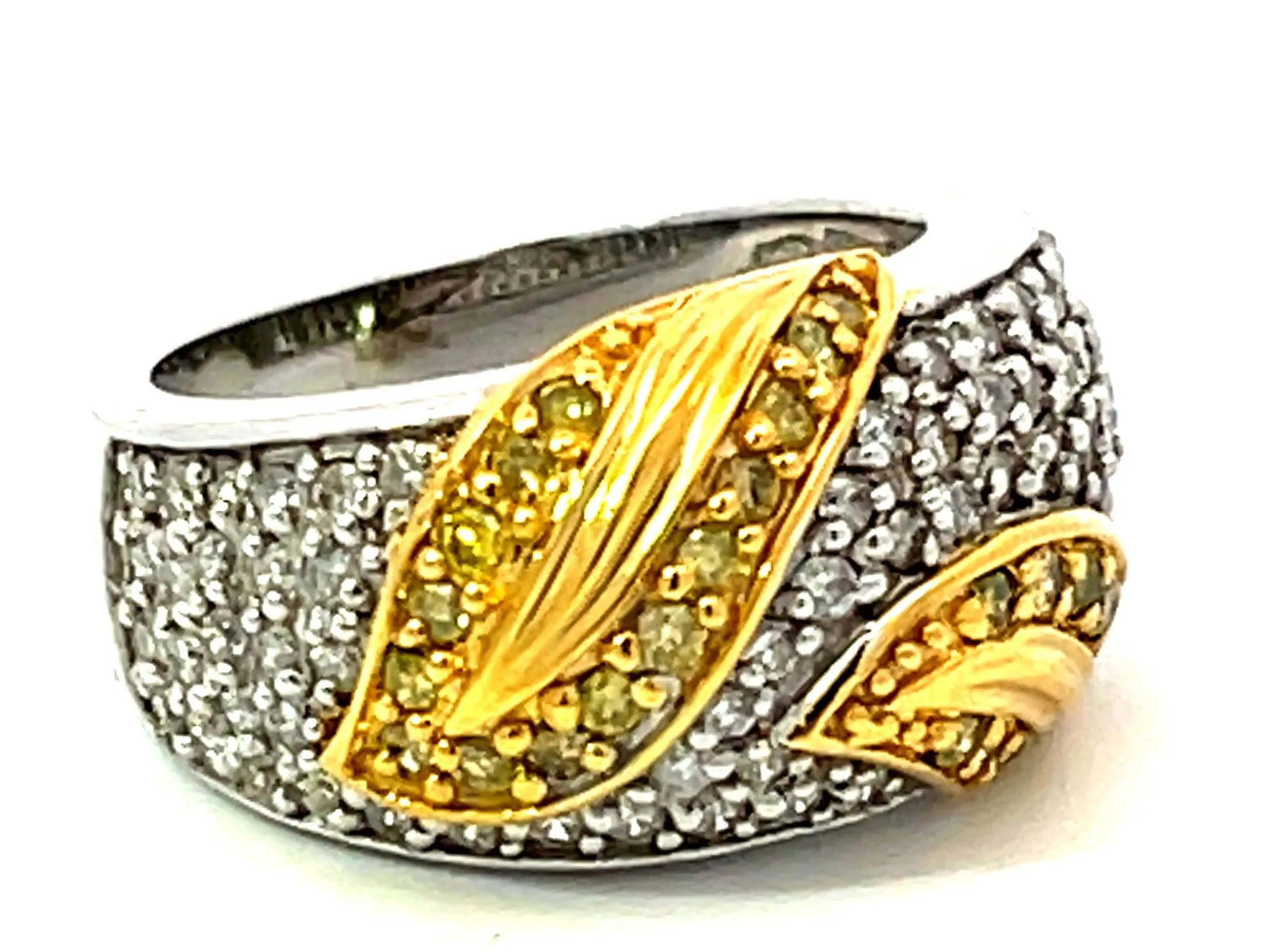 White and Fancy Yellow Diamond Leaf Dome Ring in 14k White Gold