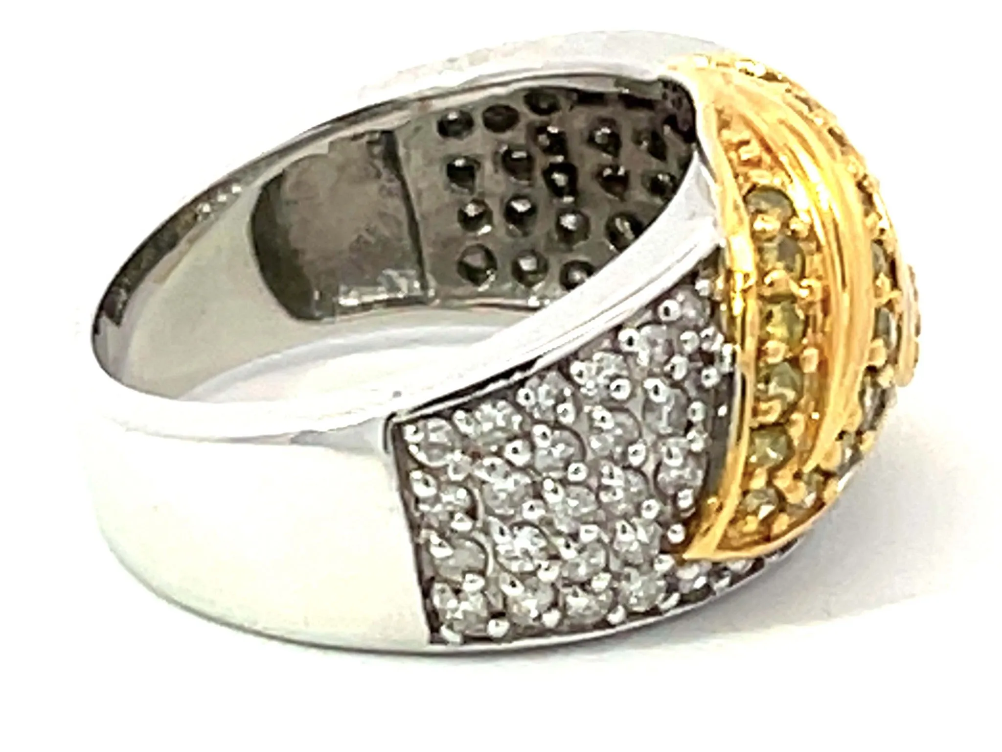 White and Fancy Yellow Diamond Leaf Dome Ring in 14k White Gold