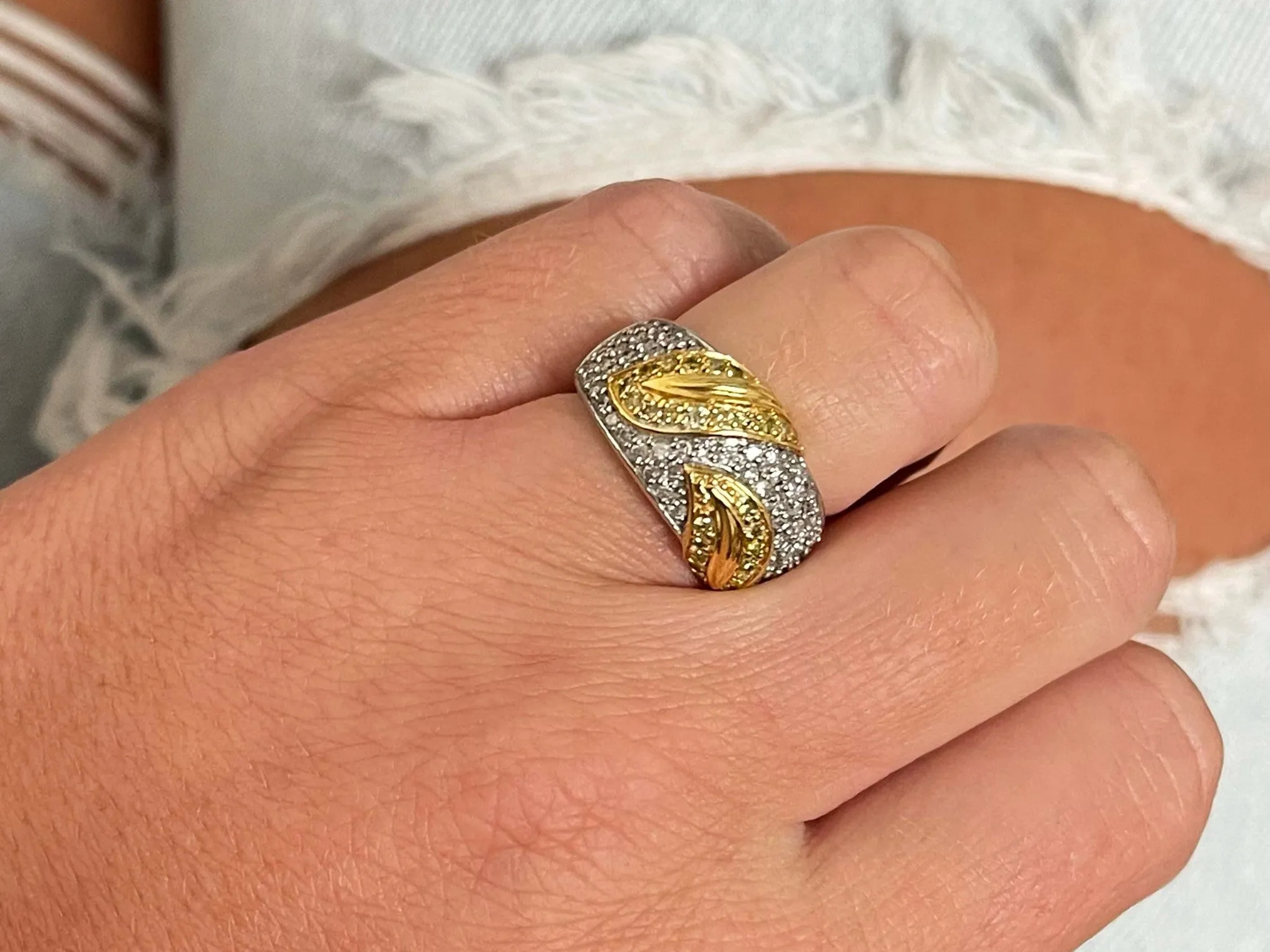 White and Fancy Yellow Diamond Leaf Dome Ring in 14k White Gold